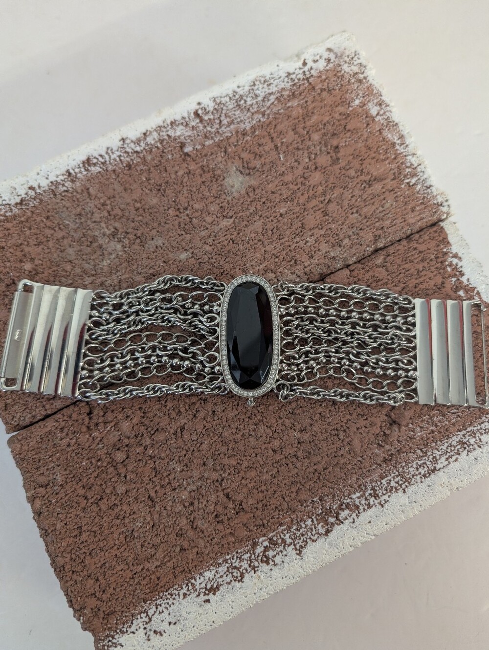 Betsey Johnson Bracelet Silver Crystal Bracelet Watch with Black Oval Gem